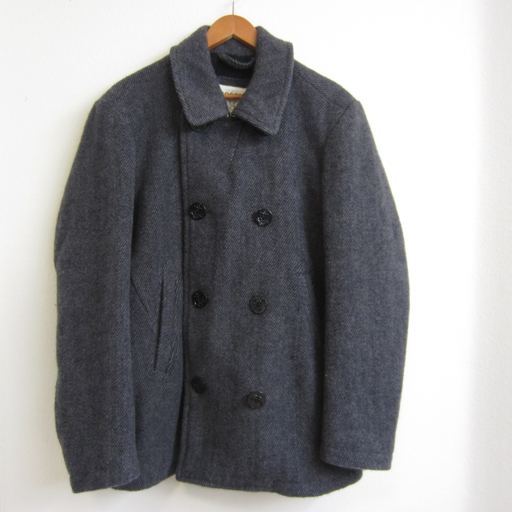 Fossil Authentic Mens XL Grey Wool Blend Double Breasted Pea Coat Anchor Buttons